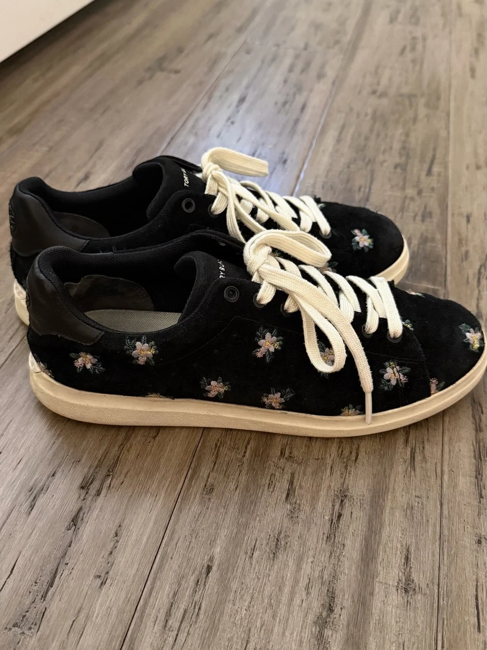 Tory Burch Black Suede Floral Embroidered Sneakers with Cream Laces